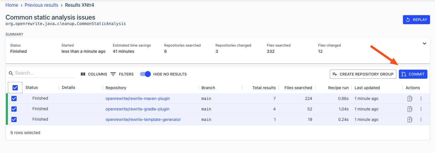 Repositories selected to commit changes on